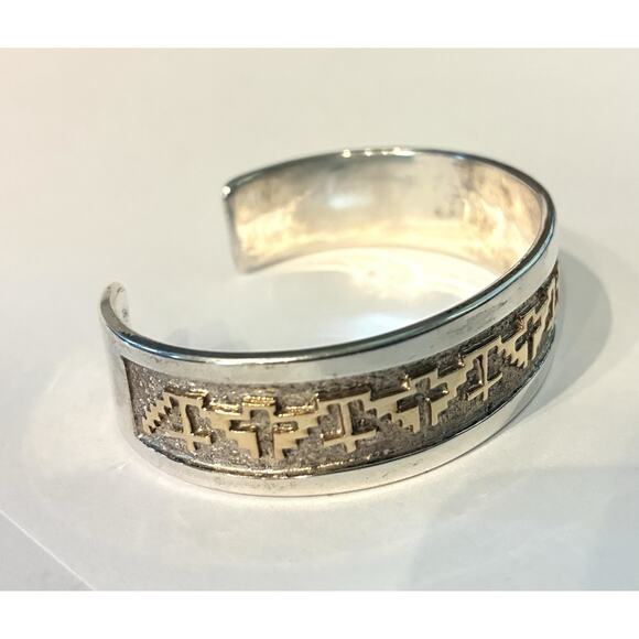 Navajo Signed Tommy Jackson Sterling , 14k Gold Overlay Design Cuff Bracelet 42g - Picture 6 of 14
